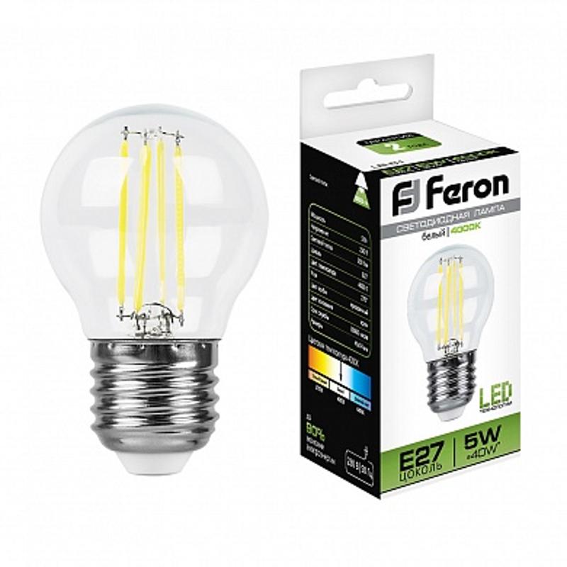 Лампа светодиодная LB-61 (5W) 230V E27 4000K филамент G45 прозрачная | 25582 | FERON — миниатюра 1