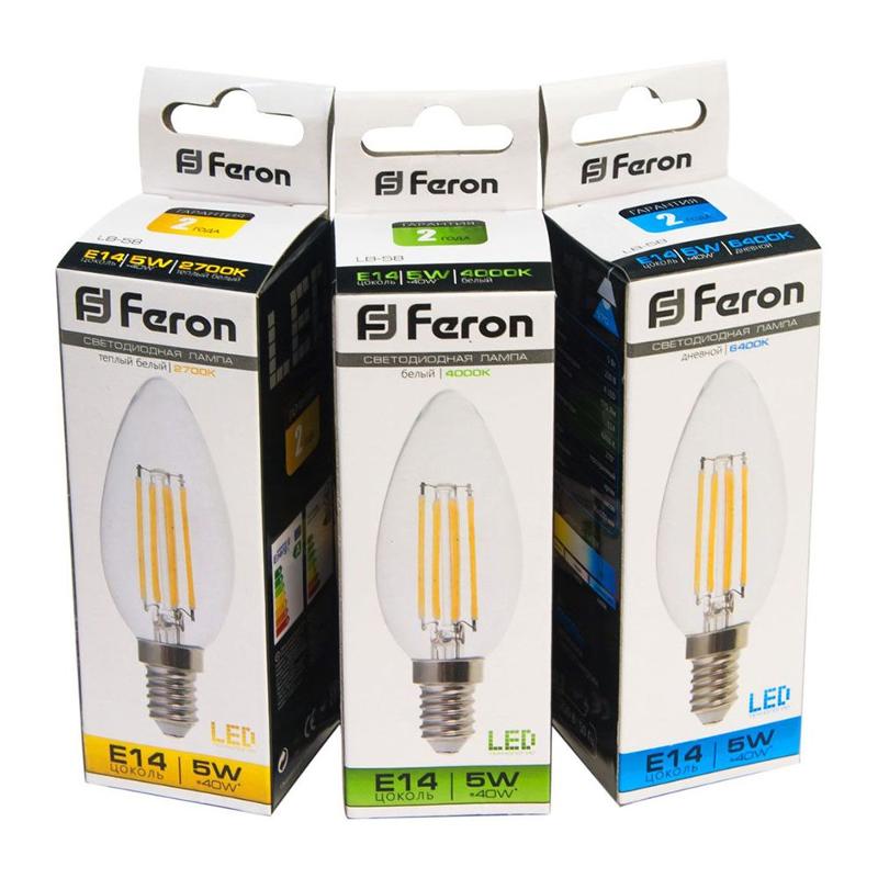 Лампа светодиодная LB-58 (5W) 230V E14 4000K филамент C35 прозрачная | 25573 | FERON — миниатюра 3