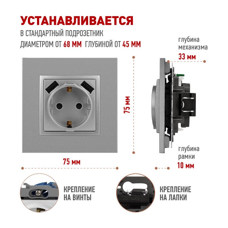 14-4109-03 Розетка без заземления+E 16A-250В, штор. с 2xUSB 5В-3А, Elegance, алюминий (10/100/2000) | Б0047869 | ЭРА — миниатюра 2