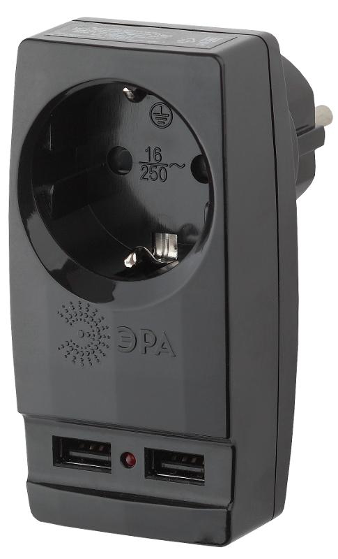 Адаптер SP-1e-USB-B "Polynom" 1гн 220V + 2xUSB 2100mA, c заземл, (черный) | Б0026333 | ЭРА — миниатюра 1