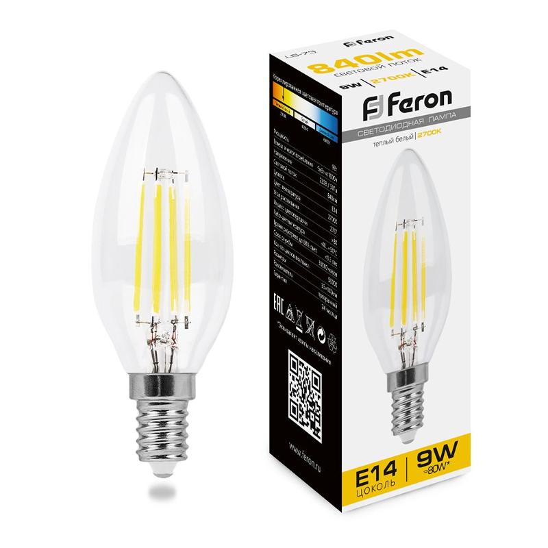 Лампа светодиодная LB-73 (9W) 230V E14 2700K филамент С35 прозрачная | 25956 | FERON — Feron