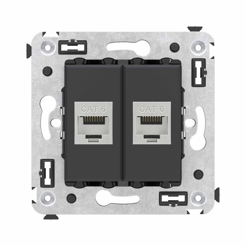 Компьютерная розетка RJ-45 без шторки в стену, кат.6 двойная экранированная, "Avanti", "Черный матовый" | 4412794 | DKC — DKC (ДКС)