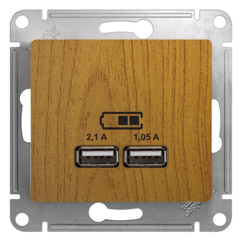 Glossa Дерево Дуб USB Розетка, 5В/2100мА, 2х5В/1050мА, механизм | GSL000533 | SE — Systeme Electric