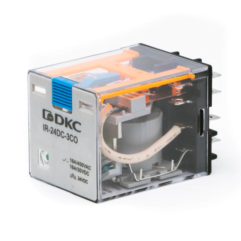 Реле миниатюрное силовое, 3CO, ком. ток 16А, AgSnO2, напряжение 12V DC, опция: тест-кнопка+светодиод+защитный диод | IR-12DC-3CO-D | DKC — фото 1 | Sento