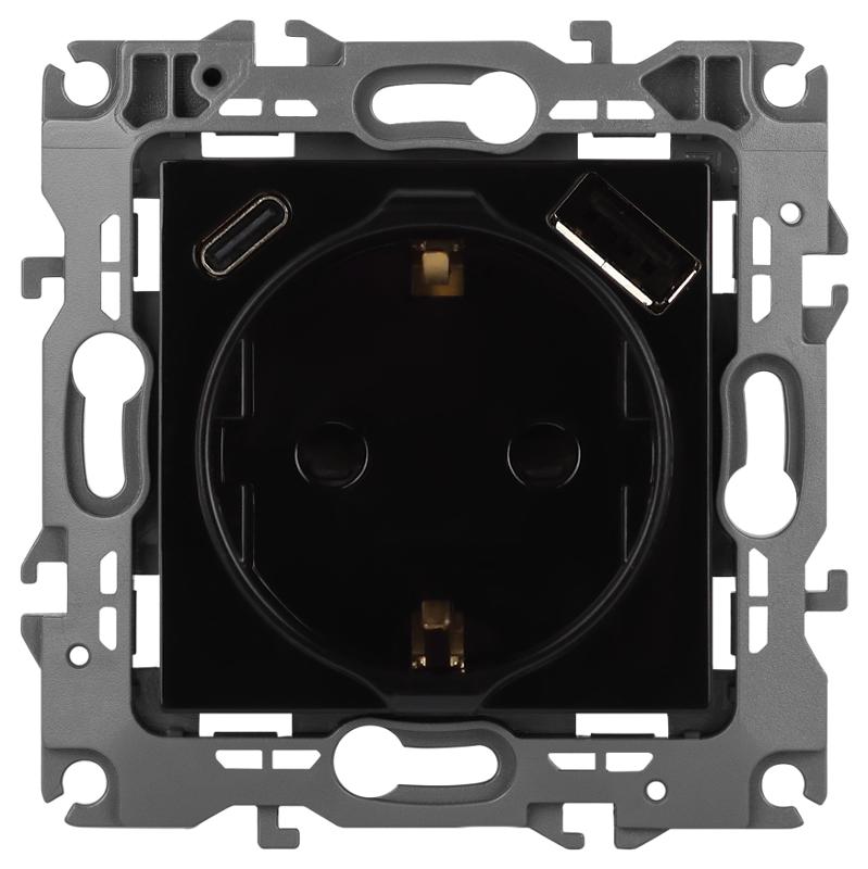 Розетка  Серия 12 12-4108-06 2P+E 16A-250В со шторками с USB type-A+C 5В-3А чёрный | Б0067746 | ЭРА — ЭРА (Энергия света)