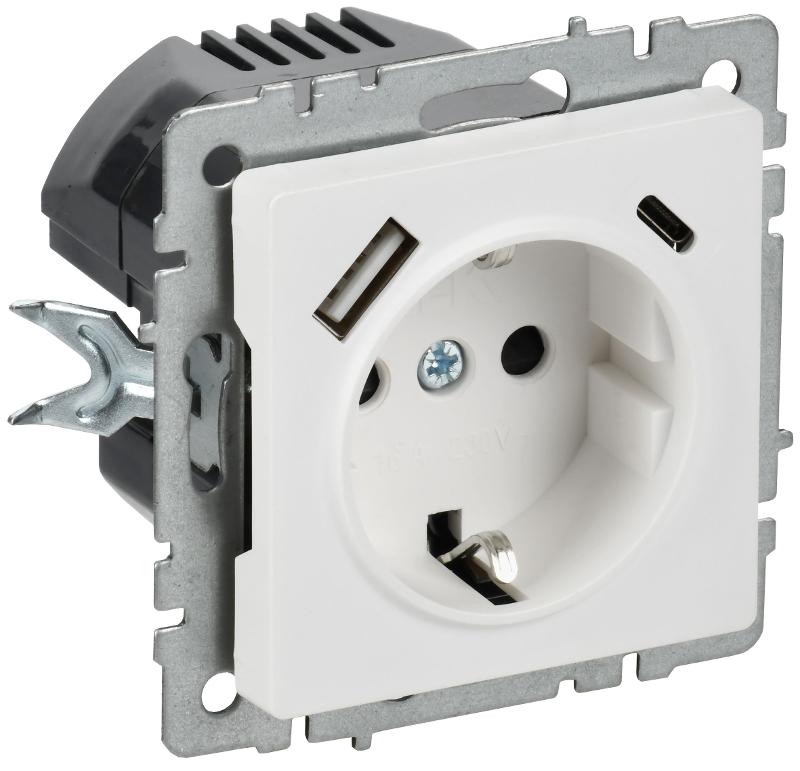 BRITE Розетка 1-местная с заземлением с защитными шторками 16А с USB A+C 18Вт РЮш11-1-БрАБ арктический белый  | BR-R14-16-U22-018-K91 | IEK — миниатюра 1