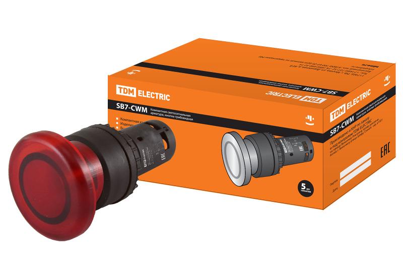 Кнопка грибовидная SB7-CWM42-220V(LED) d35мм 1р красная | SQ0746-0051 | TDM — TDM ELECTRIC