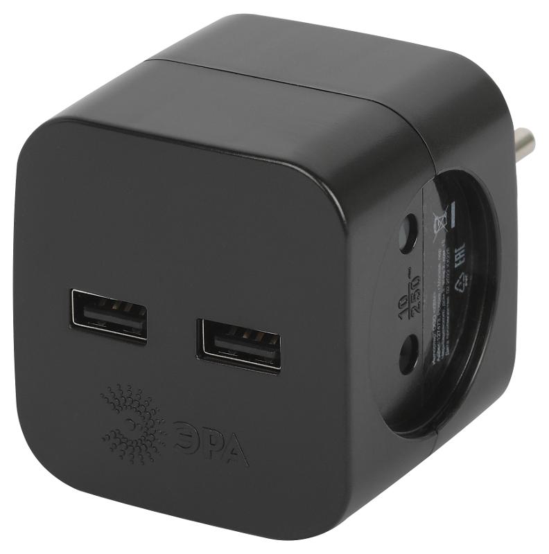 Разветвитель электрический ЭРА SP-2-USB-B на 2 розетки + 2xUSB 2400mA, без заземл 10А (черный)  | Б0049535 | ЭРА — ЭРА (Энергия света)