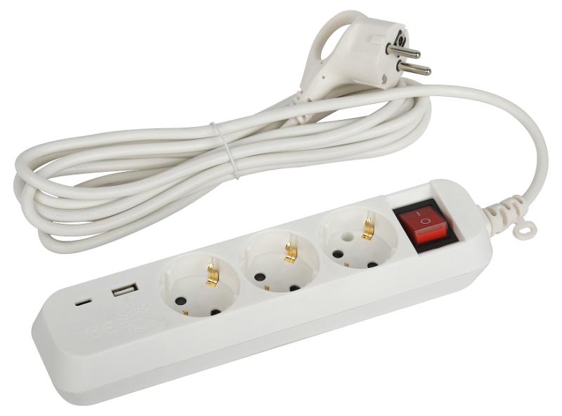 Удлинитель электрический  UB-3es-3m-USB c заземлением с выключателем 3 розетки + 1xUSBA+1xUSBC 3м 10А  | Б0052898 | ЭРА — ЭРА (Энергия света)