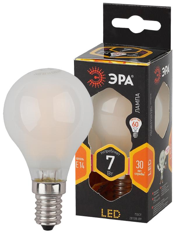Лампа светодиодная F-LED P45-7W-827-E14 frost Лампы СВЕТОДИОДНЫЕ F-LED ЭРА (филамент, шар мат., 7Вт, тепл, E14) | Б0027956 | ЭРА — миниатюра 1
