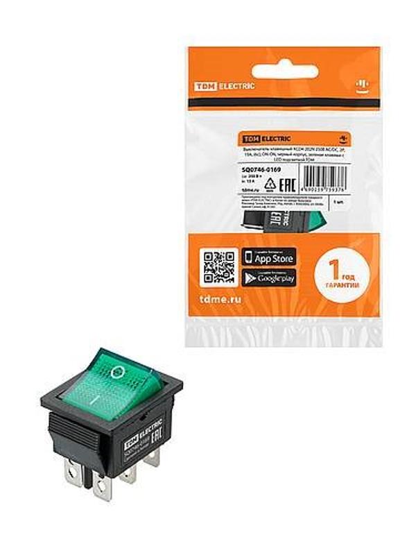 KCD4-202N 250В AC/DC, 2P, 15А, (6с), ON-ON, черный корпус, зеленая клавиша, LED | SQ0746-0169 | TDM — TDM ELECTRIC