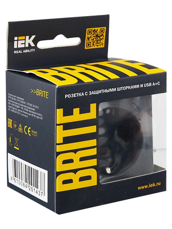BRITE Розетка с заземлением со шторками 16А с USB A+C 18Вт РЮш11-1-БрГ графит | BR-R14-16-U22-018-K53 | IEK — миниатюра 7