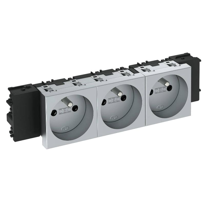 Розетка тройная 0° Modul45connect франц. стандарт, 250 В, 16A (серебристый) (STD-F0C AL3) | 6120582 | OBO Bettermann — OBO Bettermann