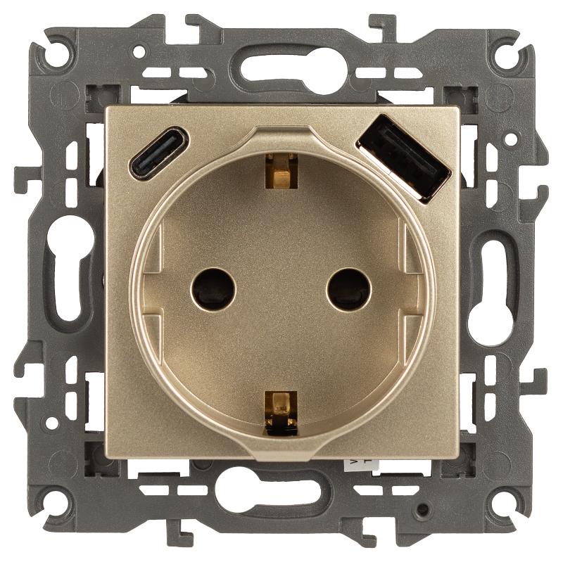 Розетка ЭРА Elegance 14-4108-04 со шторками, 2P+E 16A-250В, с USB type-A+C 5В-3А, шампань | Б0067740 | ЭРА — миниатюра 1