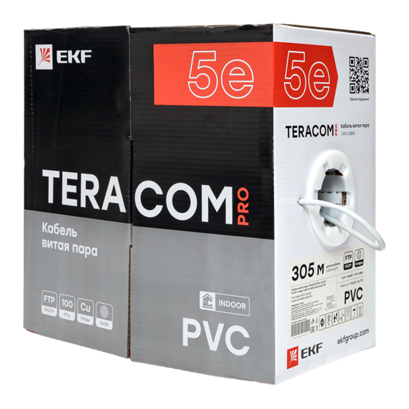 Кабель витая пара TERACOM PRO Cat.5E F/UTP 4 пары solid 24AWG цвет серый упак. 305м | TRP-5EFTP-04PVC-GY-IN3 | EKF — миниатюра 10