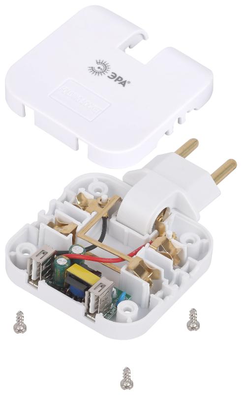 Разветвитель электрический ЭРА SPF-2-FL-USB поворотный на 2 розетки + 2USB 10А белый | Б0069089 | ЭРА — миниатюра 2