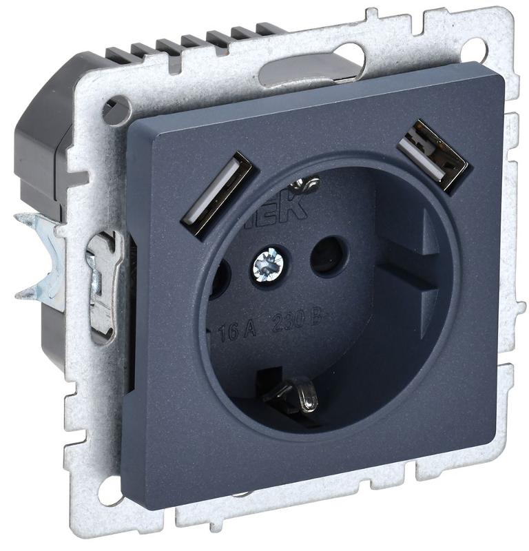 BRITE Розетка с заземлением со шторками 16А с USB A+A 3,1А РЮш10-2-БрМ маренго | BR-R14-16-U21-D31-K35 | IEK — IEK (ИЭК)