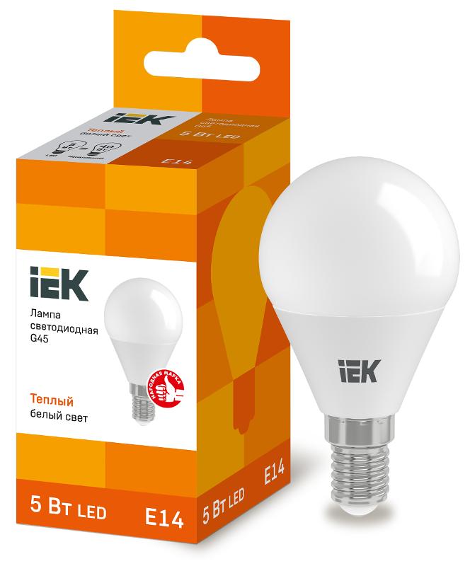 Лампа светодиодная LED 5Вт Е14 220В 3000К G45 шар | LLE-G45-5-230-30-E14 | IEK — миниатюра 1