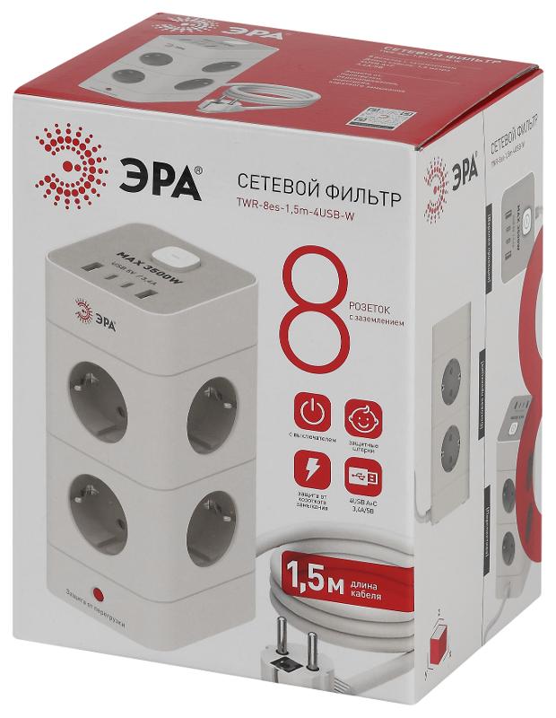 Сетевой фильтр ЭРА TWR-8es-1,5m-4USB-W башня с защитой заземлением с выключателем 8 розеток+4xUSBA+C 1,5м 16А белый | Б0069071 | ЭРА — миниатюра 2
