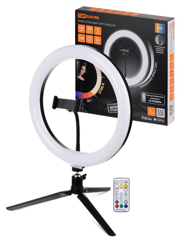 Лампа кольцевая светодиодная 30 см, 16 Вт, 2700-6400 К+RGB, штатив наст., диммер, ПДУ, USB | SQ0373-0303 | TDM — TDM ELECTRIC