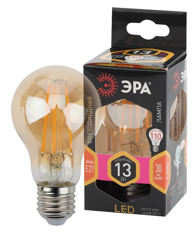 Лампа светодиодная F-LED A60-13W-827-E27 gold (филамент, груша золот., 13Вт, тепл, Е27) | Б0044091 | ЭРА — ЭРА (Энергия света)