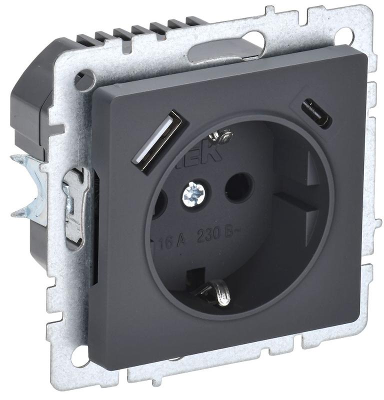 BRITE Розетка с заземлением со шторками 16А с USB A+C 18Вт РЮш11-1-БрГ графит | BR-R14-16-U22-018-K53 | IEK — IEK (ИЭК)