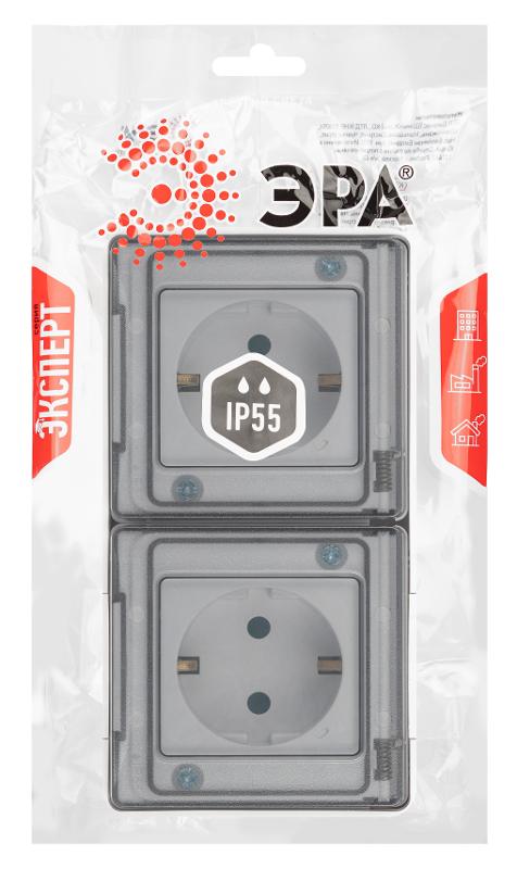 Розетка 2-ая ЭРА Эксперт 11-2504-01 2х2P+E гориз. IP55, с заземлением со шторками, 16A-250В, ОУ, Белый | Б0063262 | ЭРА — миниатюра 2