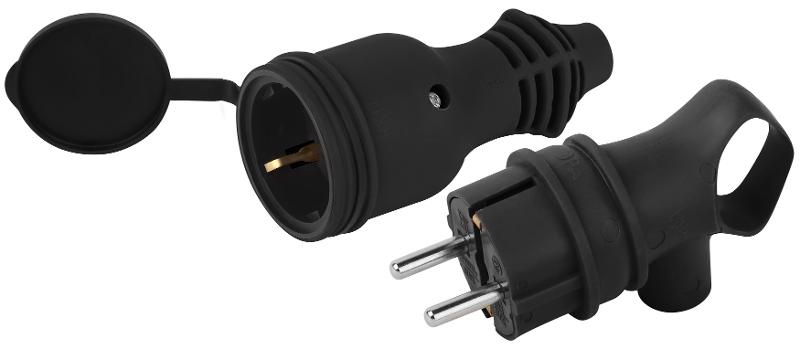 Набор вилка+розетка ЭРА VX12-B-IP44 + RX11-B-IP44 каучуковые c заземлением 16А IP44 с кольцом угловая черная | Б0072628 | ЭРА — ЭРА (Энергия света)