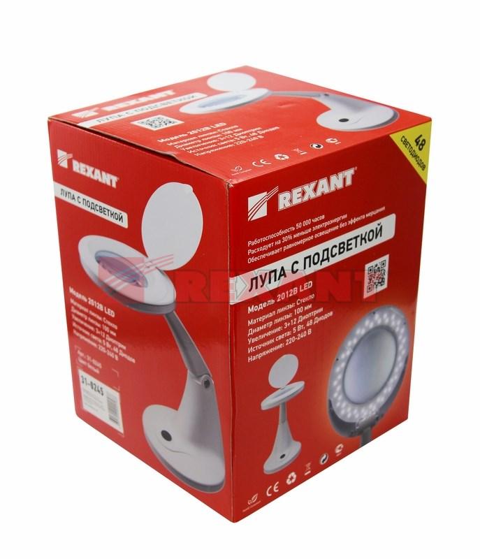 Лупа настольная 3D+12D с подсветкой 48 LED, белая | 31-0245 | REXANT — миниатюра 3
