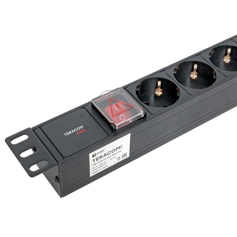 Блок розеток PDU TERACOM PRO 19" 1U 10А/250В 7 розеток Schuko с выключателем разъем C14 | TRP-HPD-LS-10A-7SH-C14 | EKF — миниатюра 19