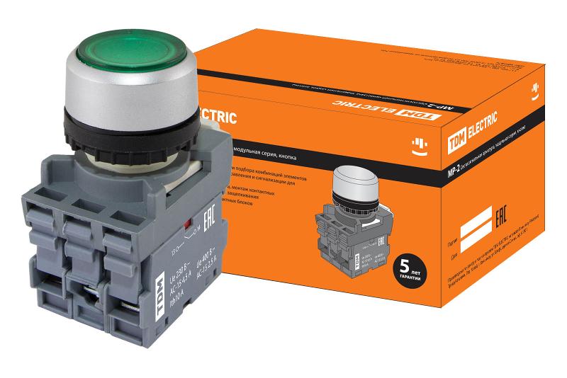 Кнопка с фиксацией MP2-21G(LED) в сборе d22мм/24В 1з+1р зеленая | SQ0747-0026 | TDM — фото 1 | Sento