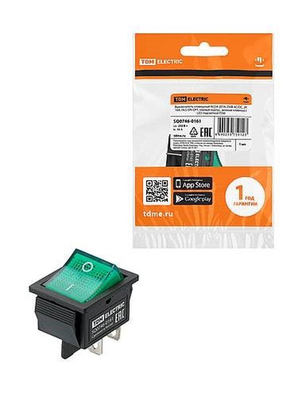 KCD4-201N 250В AC/DC, 2P, 16А, (4с), ON-OFF, черный корпус, зеленая клавиша с LED подсветкой | SQ0746-0161 | TDM — TDM ELECTRIC
