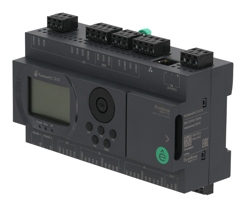 ПЛК S172; 24 VDC; дисплей; 28 IO: 8 DI, 8 DO (6 реле, 2 SSR), 8 AI, 4 AO, 2xRS485, 1xRJ45 | SM172PS11BDM | SE — миниатюра 5