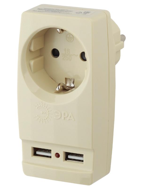 Разветвитель электрический ЭРА SP-1e-USB-I на 1 розетку + 2 USB с заземлением 16А сл. кость  | Б0027836 | ЭРА — миниатюра 1
