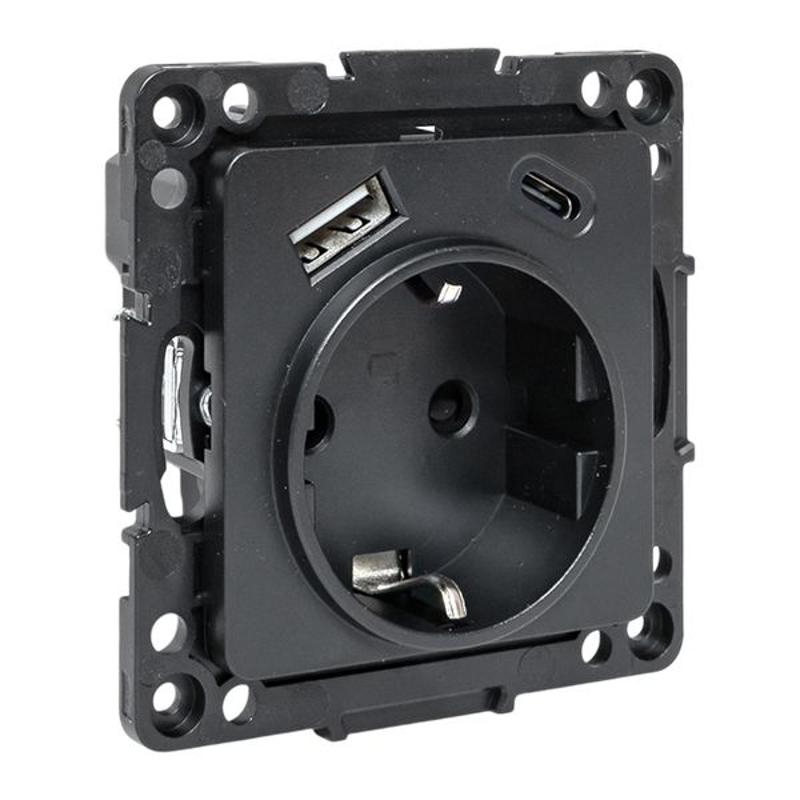 Стокгольм Механизм Розетки 1-местной с/з, USB A+C 16А винтовые клеммы черный с защ. штор. | EZR16-2USB-typeA-typeC | EKF — миниатюра 1