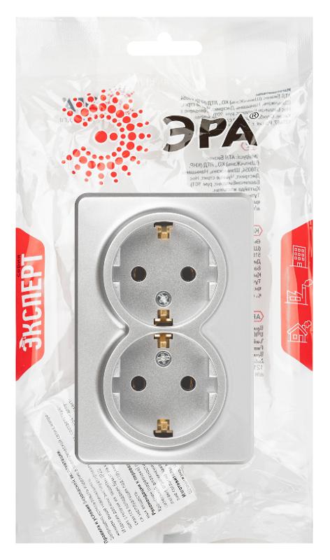 Розетка ЭРА Эксперт 11-2205-03 двойная с заземлением 2х2P+E Schuko IP20 16A-250В ОУ Алюминий | Б0063046 | ЭРА — миниатюра 2