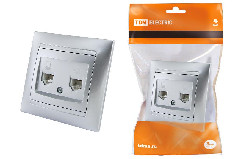 Розетка телефонная RJ11 + компьютерная RJ45 серебр. металлик "Лама"  | SQ1815-0219 | TDM — TDM ELECTRIC