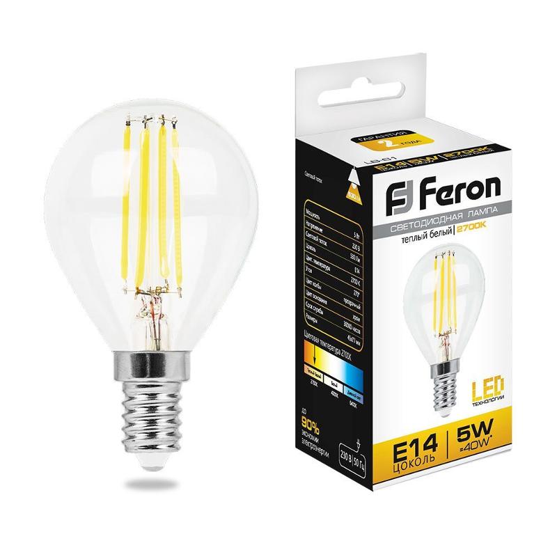 Лампа светодиодная LB-61 (5W) 230V E14 2700K филамент G45 прозрачная | 25578 | FERON — миниатюра 1