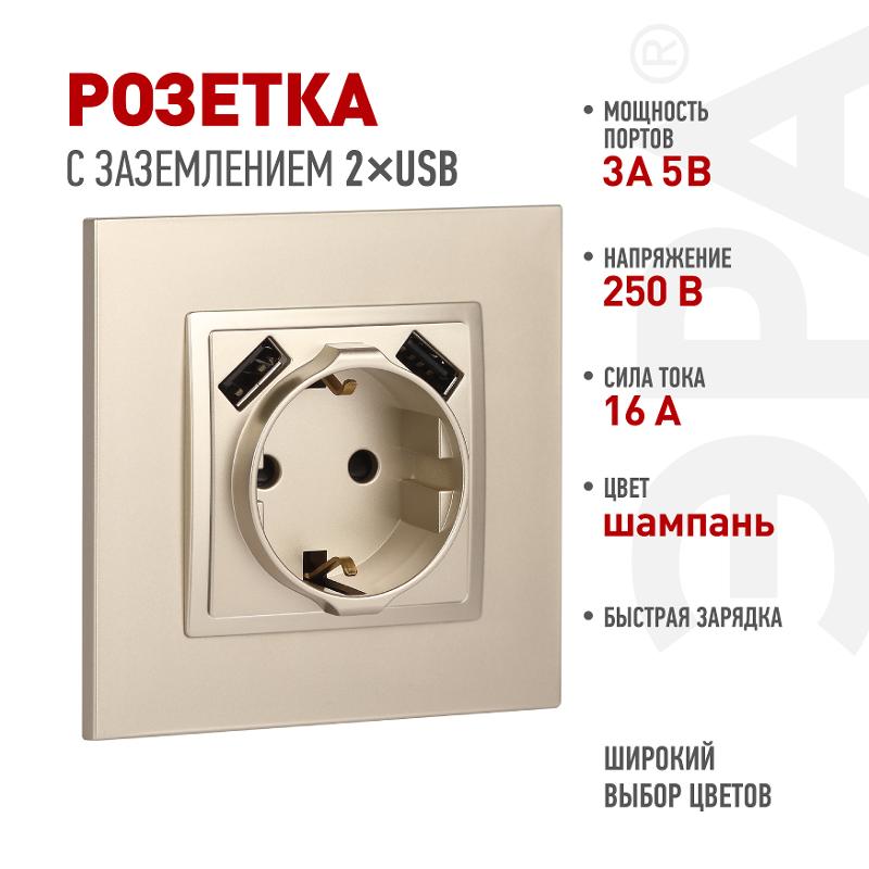 14-4109-04 Розетка без заземления+E 16A-250В, штор. с 2xUSB 5В-3А, Elegance, шампань (10/100/2000) | Б0047870 | ЭРА — ЭРА (Энергия света)