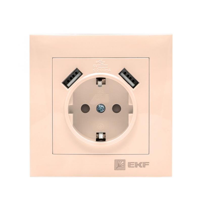 Валенсия розетка 1-местная с/з 16А кремовая с защ. штор. с 2 USB 2,1А EKF PROxima |  EWR16-028-20-2USB |  EKF — миниатюра 1