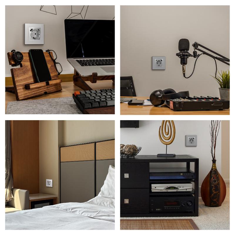 Розетка Elegance 14-4108-03 2P+E 16A-250В со шторками с USB type-A+C 5В-3А алюминий — миниатюра 6