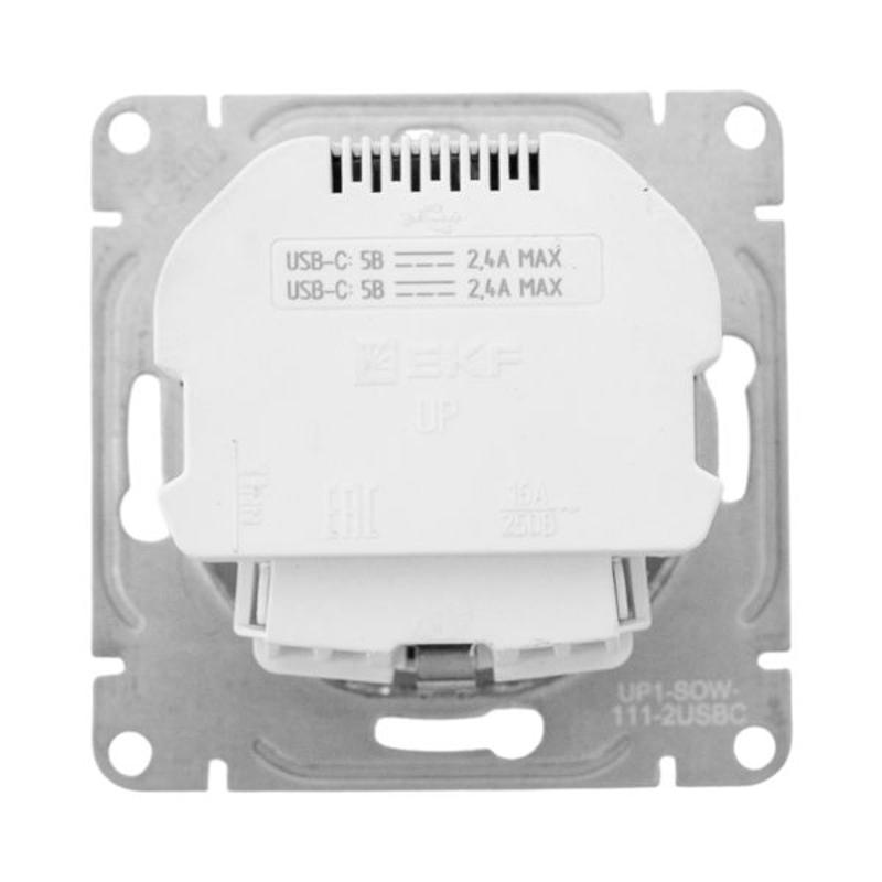 Механизм розетки с USB-C - 2шт, 16А, с заземлением, со шторками, белый Эпика EKF | UP1-SOW-111-2USBC | EKF — миниатюра 7