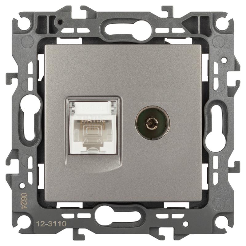 Розетка ЭРА Серия 12 12-3110-16 комбинированная RJ45+TV, титан  | Б0065646 | ЭРА — миниатюра 1