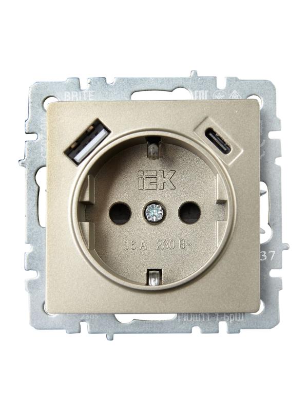 BRITE Розетка с заземлением со шторками 16А с USB A+C 18Вт РЮш11-1-БрШ шампань | BR-R14-16-U22-018-K37 | IEK — миниатюра 3