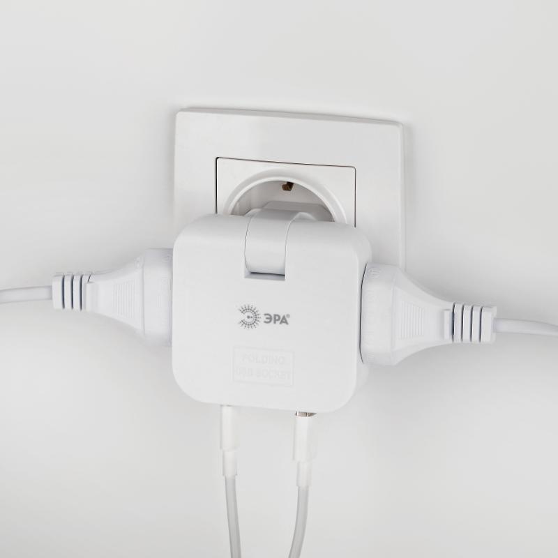 Разветвитель электрический ЭРА SPF-2-FL-USBC поворотный на 2 розетки + 2USB A+C 10А белый — миниатюра 7
