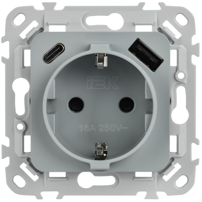 FLITE Розетка с заземлением со шторками 16А с USB A+C 20Вт быстрозажимные клеммы РСЮшс11-1-ФлС серый | FI-R14-16-1-U22-020-K03 | IEK — миниатюра 2