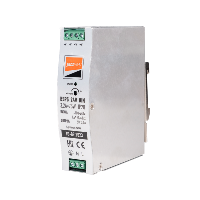 Драйвер для светодиодной ленты BSPS DIN 24V 3.2A= 75w IP20 AL 3г.гар  на DIN-рейку | .5050006 | Jazzway — Jazzway
