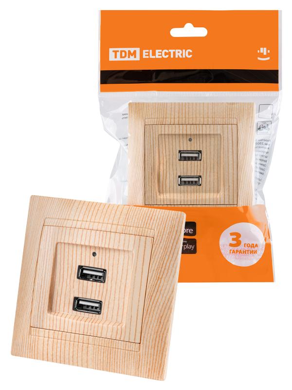 Розетка 2USB порт 2,1А 5В сосна "Лама" | SQ1815-0341 | TDM — TDM ELECTRIC