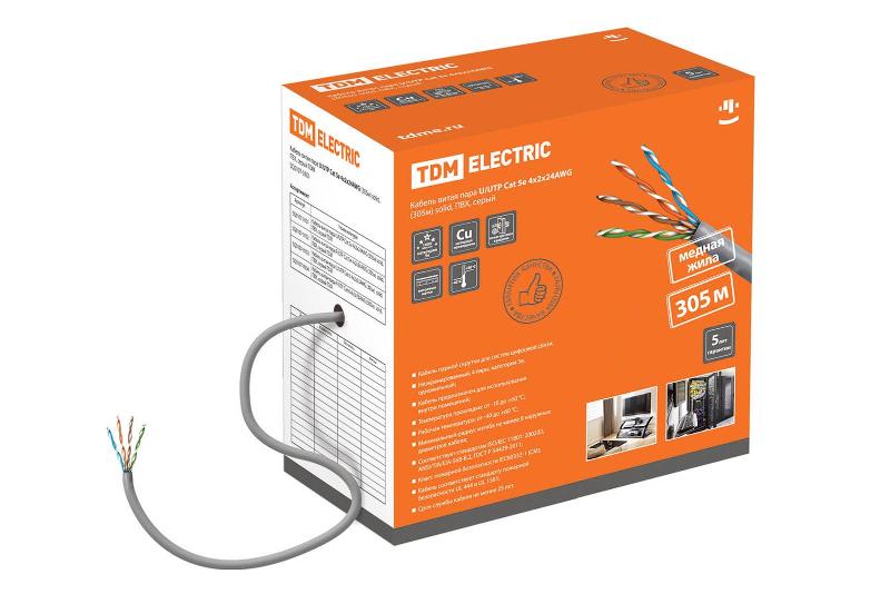 Кабель витая пара U/UTP Cat 5e 4х2х24AWG (305м) solid, ПВХ, серый | SQ0107-0101 | TDM — TDM ELECTRIC