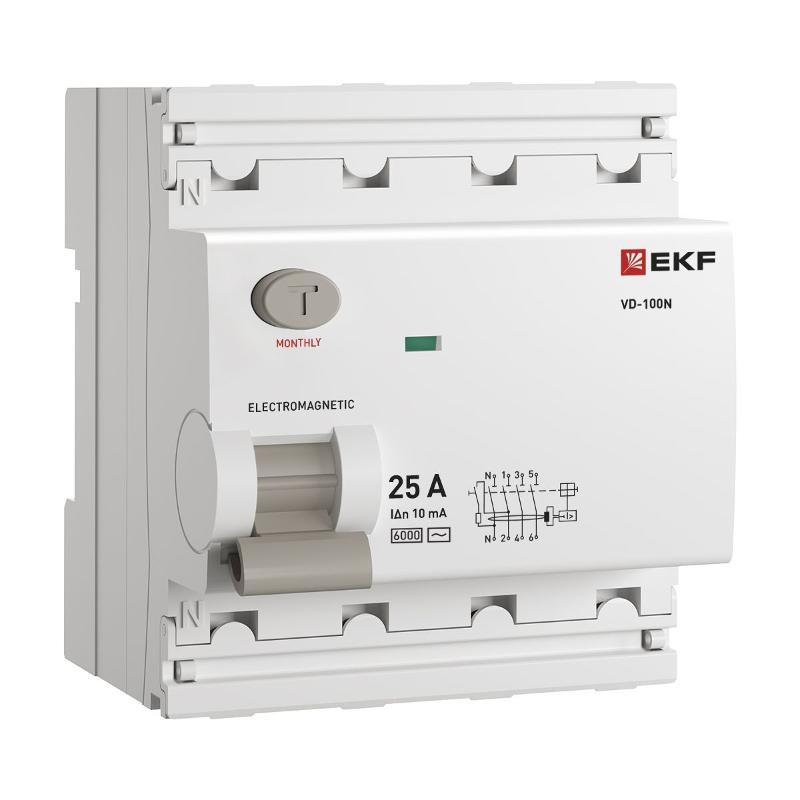 Выключатель дифференциального тока ВД-100N 4P 25А 10мА тип AC эл-мех 6кА PROXIMA EKF | E1046M2510 | EKF — EKF